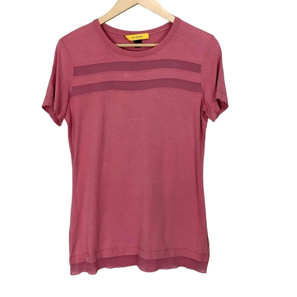St. John Crew Neck Sheer Panel Pink T-Shirt Size Small